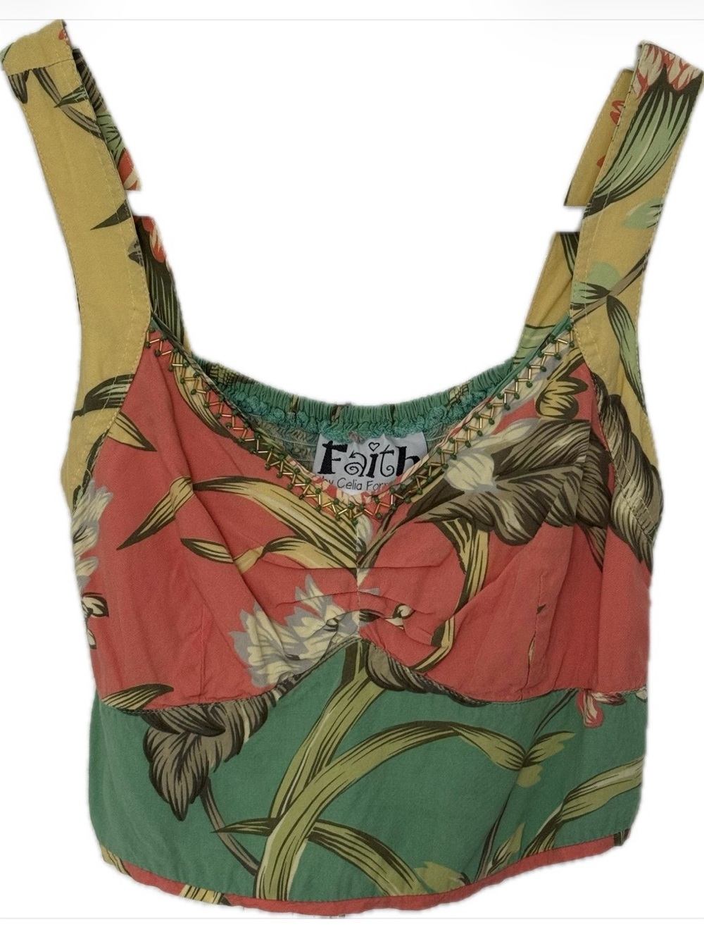 Vintage Tropical Floral Beaded Crop Top